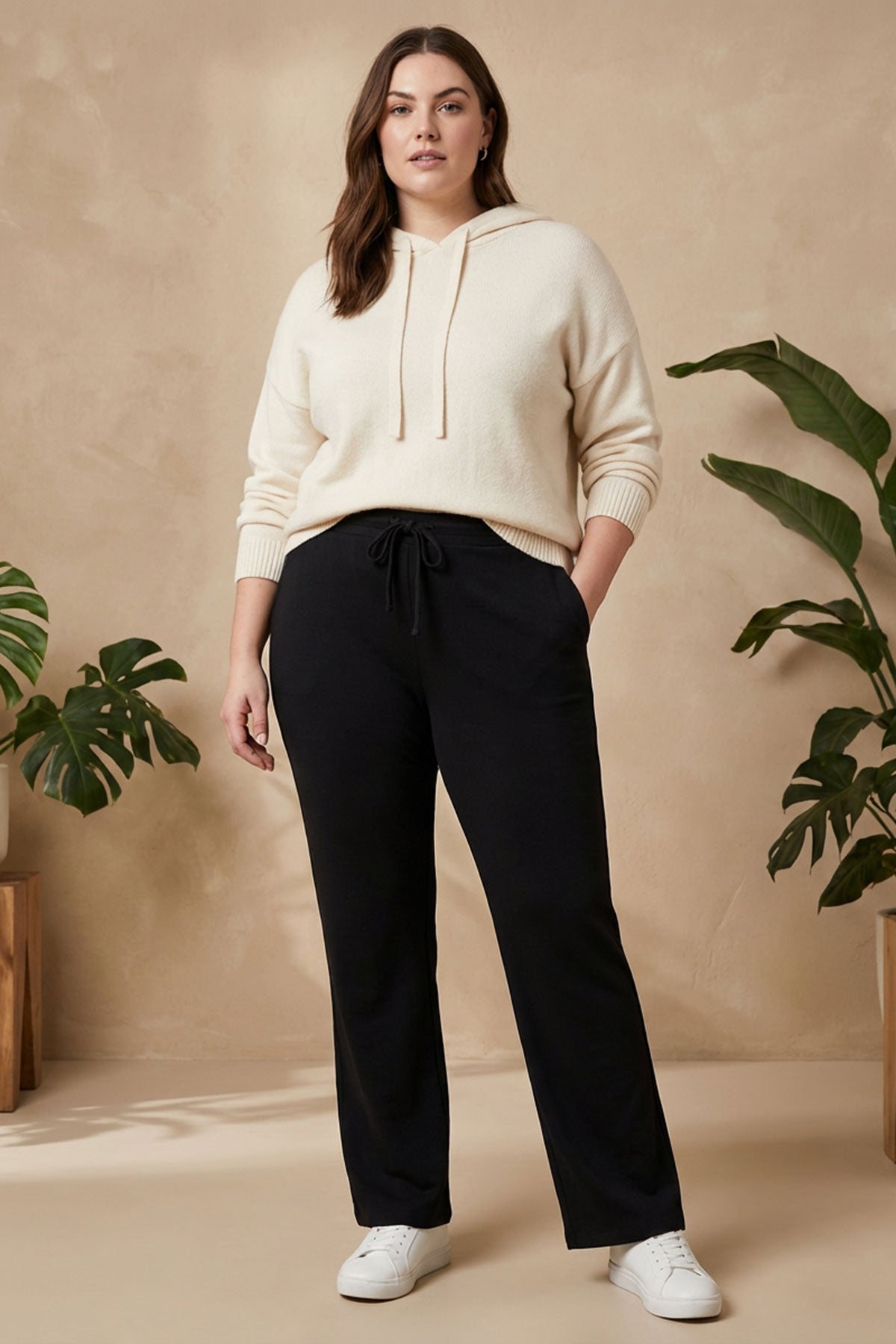 Büyük Beden Beli Lastikli ve Bağcıklı Cepsiz Paçası Geniş Pantolon 037392 Vervegrand