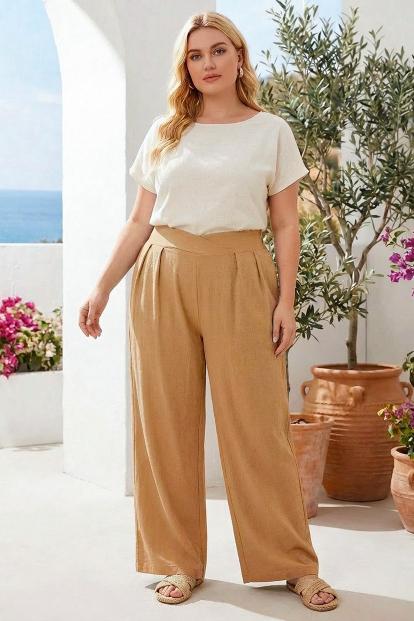 Pileli Cepli Geniş Paça Esnek Kumaşlı Pantolon 875-V Camel XL Vervegrand