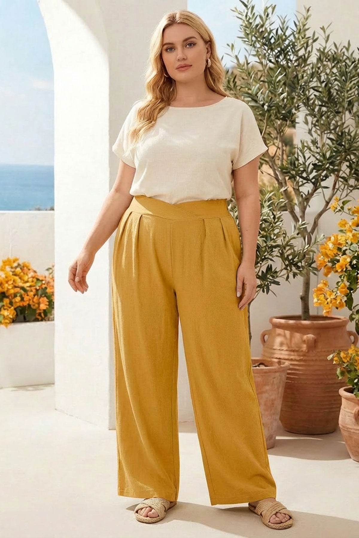 Pileli Cepli Geniş Paça Esnek Kumaşlı Pantolon 875-V Hardal XL Vervegrand