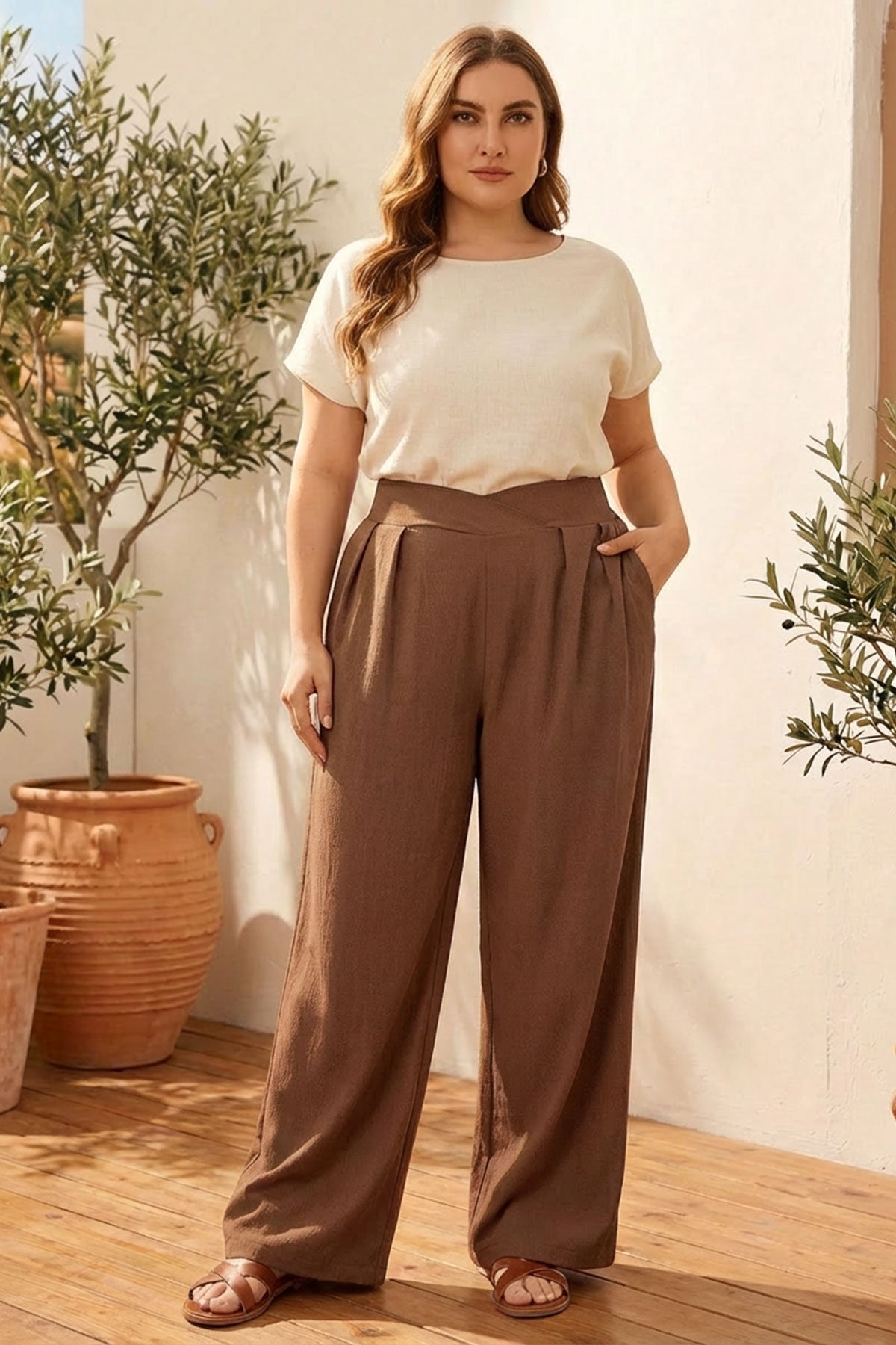Pileli Cepli Geniş Paça Esnek Kumaşlı Pantolon 875-V Kahve XL Vervegrand