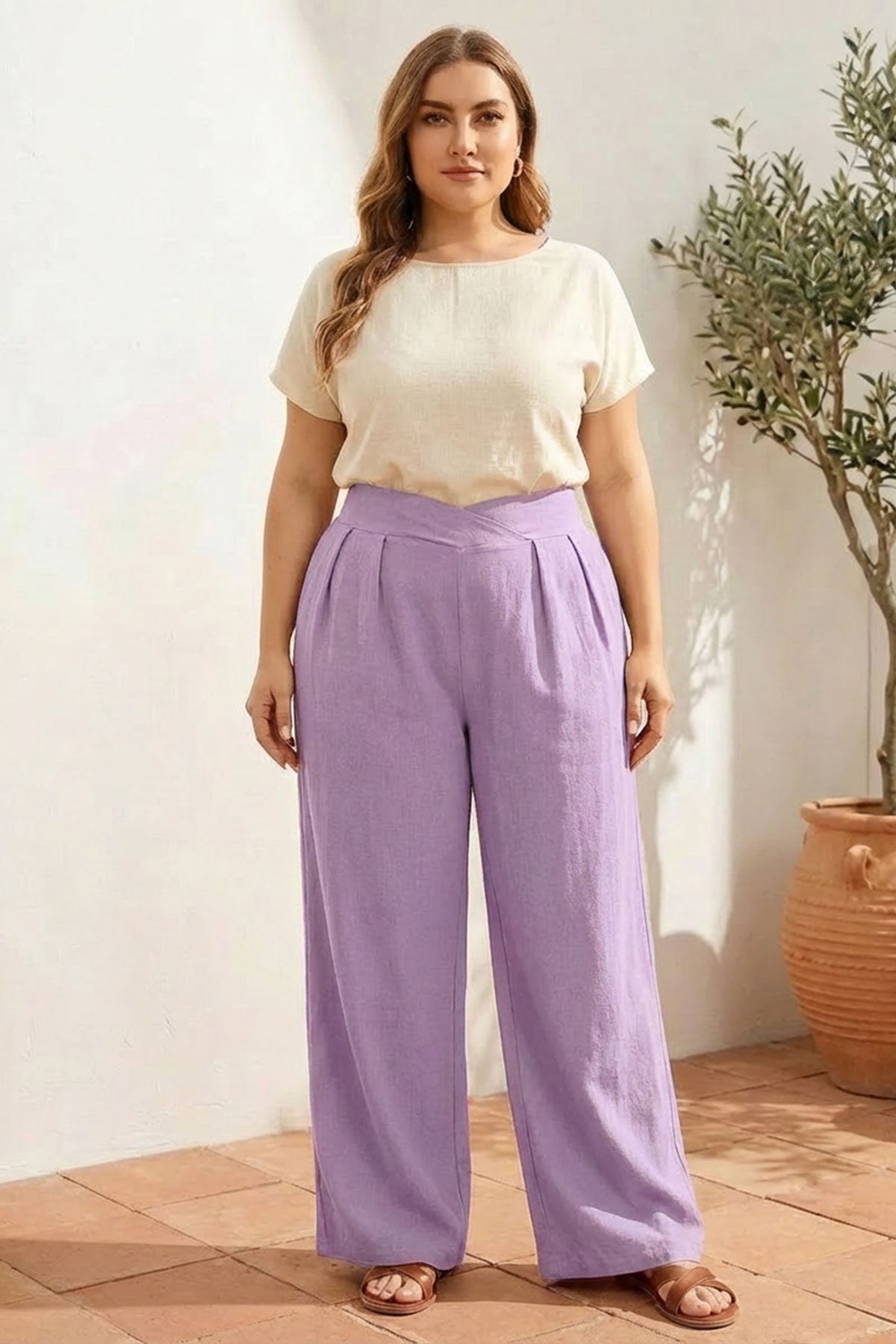 Pileli Cepli Geniş Paça Esnek Kumaşlı Pantolon 875-V Lila XL Vervegrand