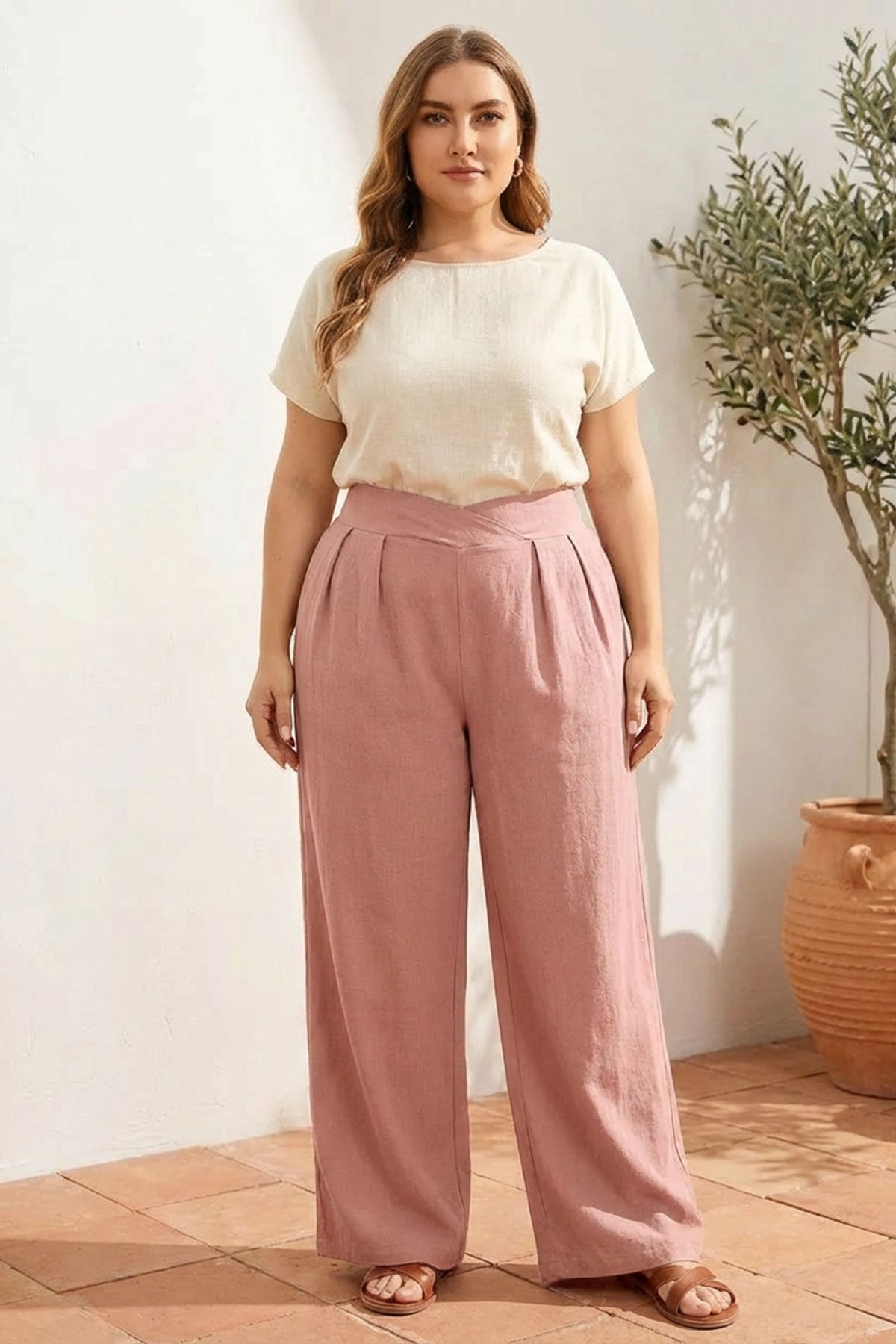 Pileli Cepli Geniş Paça Esnek Kumaşlı Pantolon 875-V Pudra XL Vervegrand