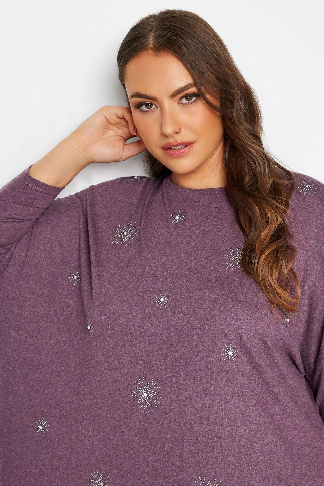 Plus Size Bicycle Collar Long Sleeve Blouse with Stone Detail 300223