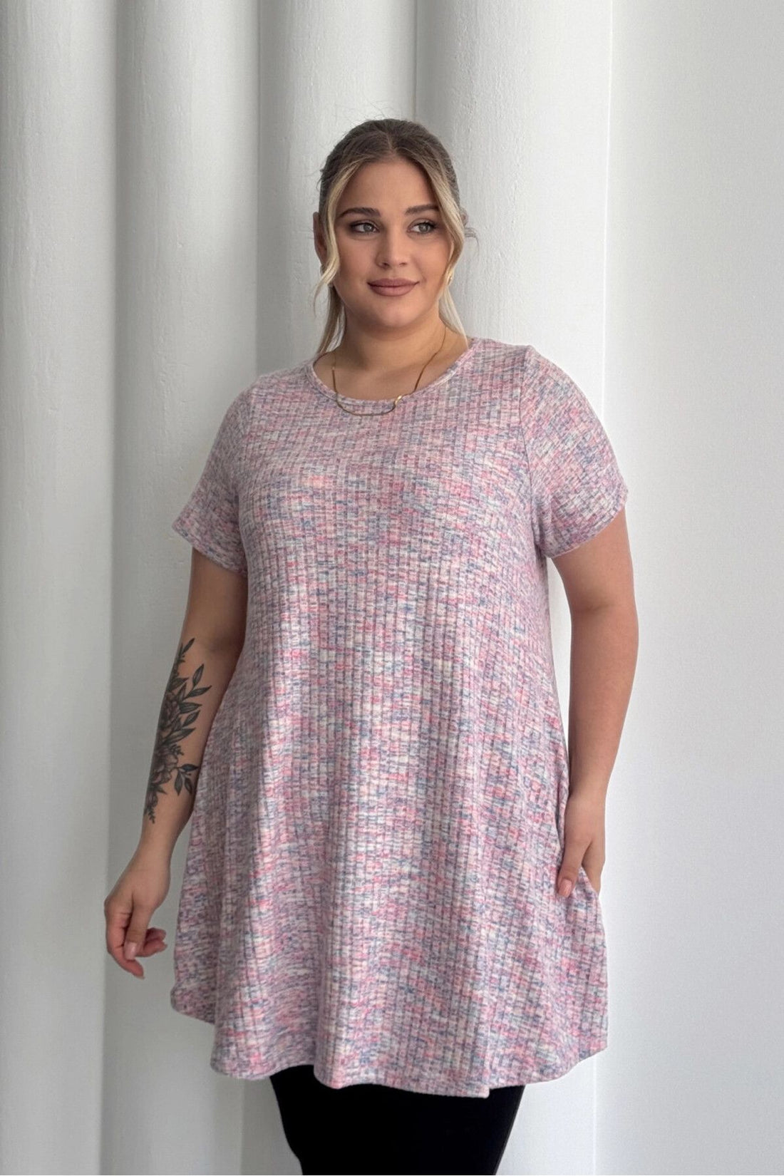Plus Size Ribbed Melange Short Sleeve Crew Neck Blouse 101-29