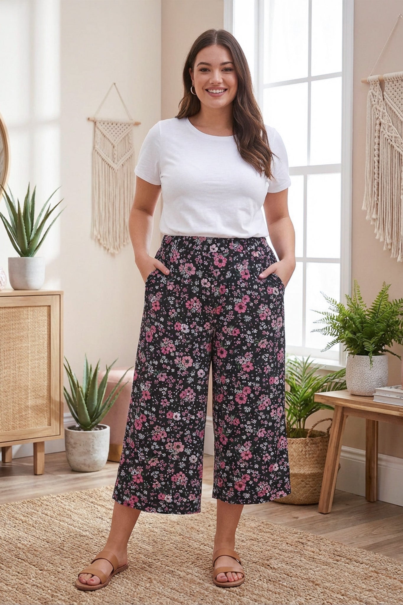 Büyük Beden Desenli Bol Kesim Cepli Likralı Kapri Pantolon 145046 Vervegrand