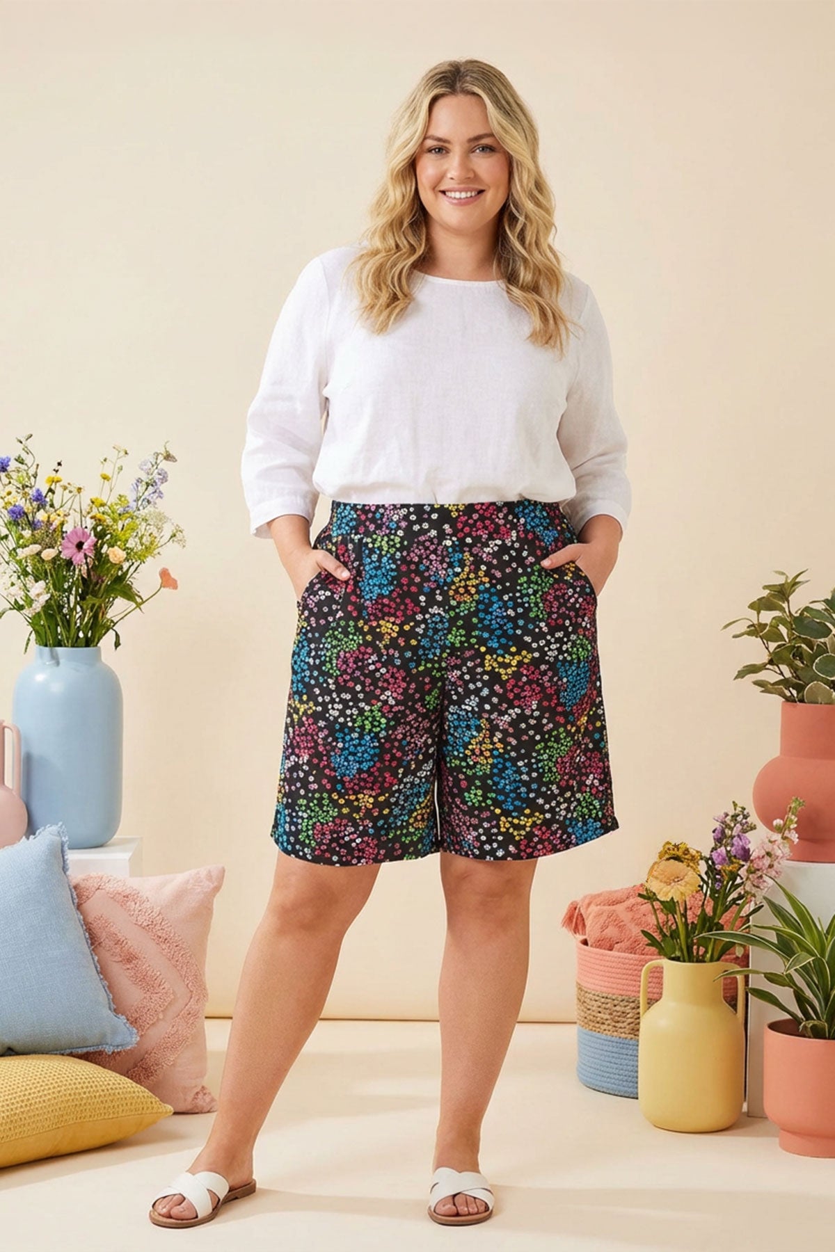 Büyük Beden Beli Lastikli Desenli Bol Kesim Likralı Şort 145098 Vervegrand