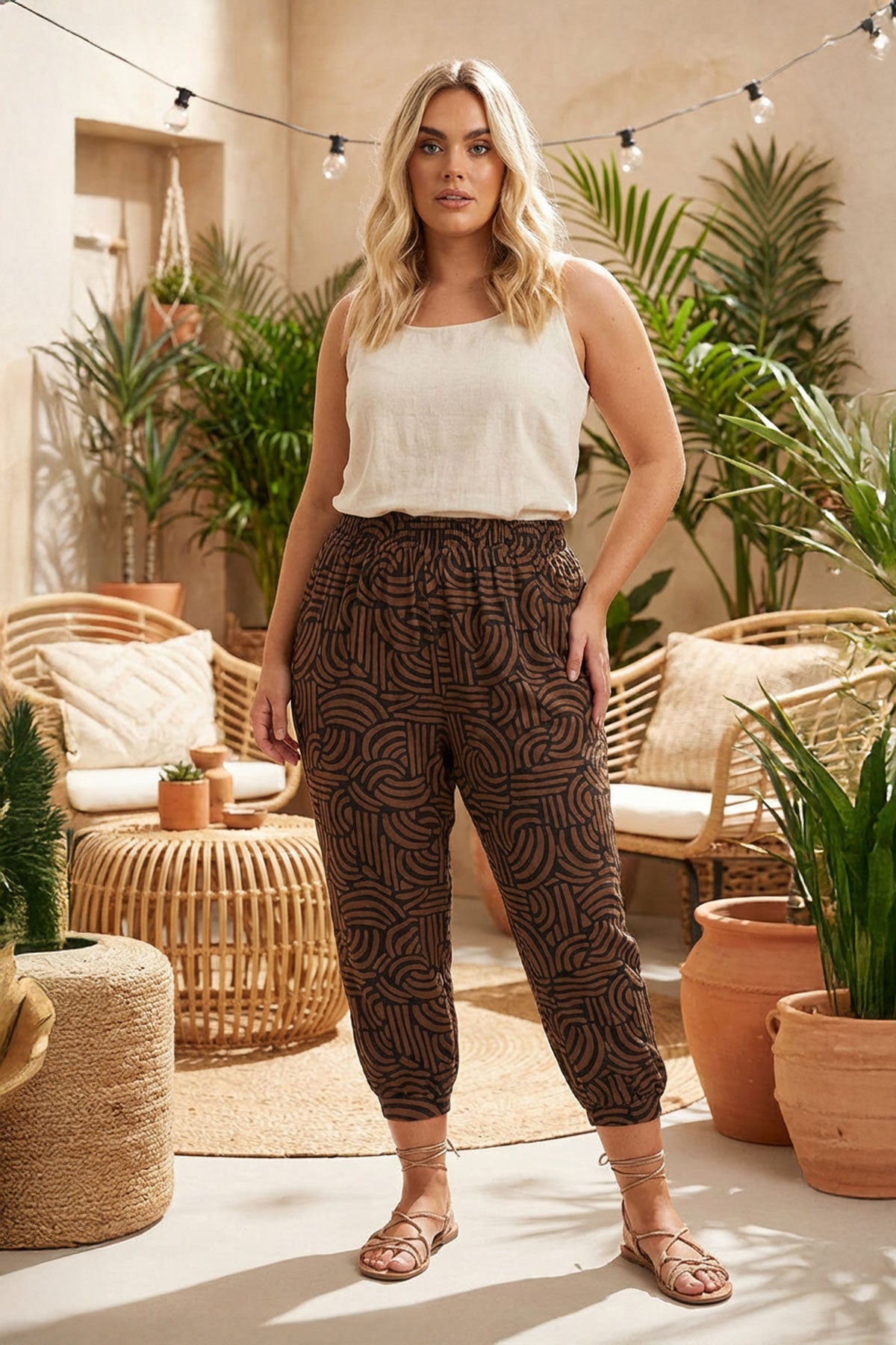 Büyük Beden Beli ve Paçası Lastikli Cepli Soyut Desenli Pantolon 145294 Pantolon Vervegrand