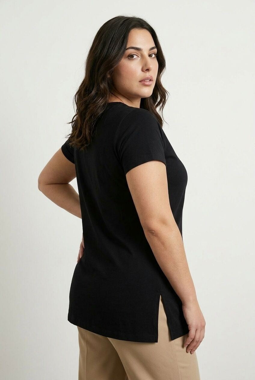 Büyük Beden Kısa Kollu Bisiklet Yaka Yanları Yırtmaçlı Basic T-shirt RFT-01