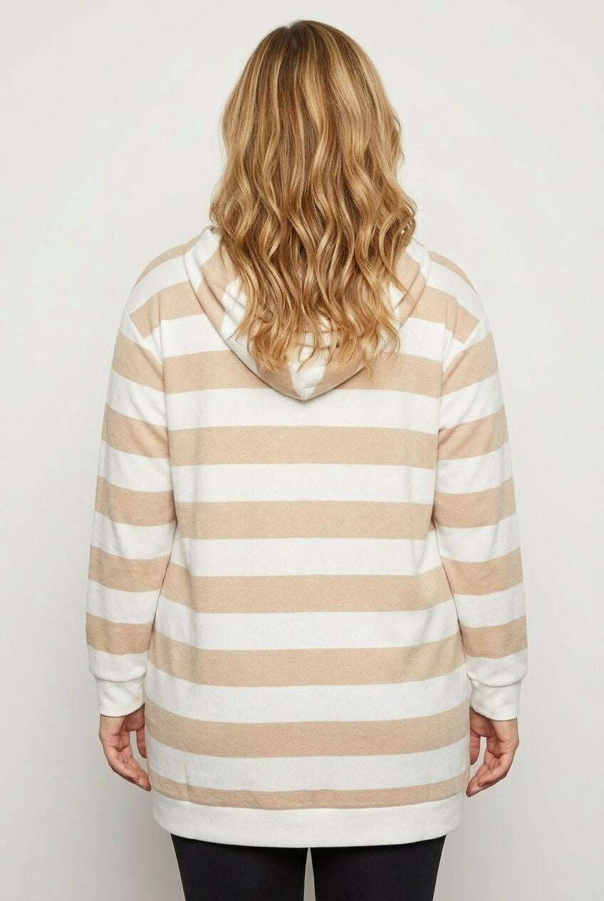 Büyük Beden Kapüşonlu Fermuarlı Çizgili Uzun Kollu Sweatshirt 302937