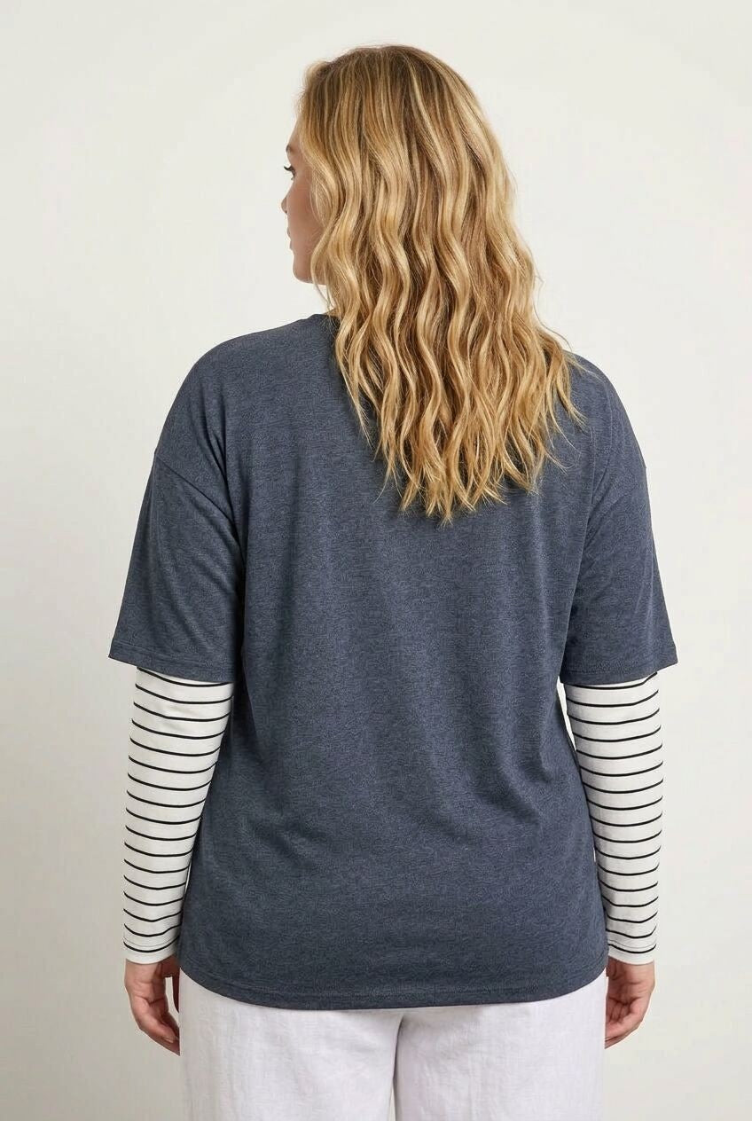 Bisiklet Yaka Çift Katlı Kolları Çizgili T-shirt 302777