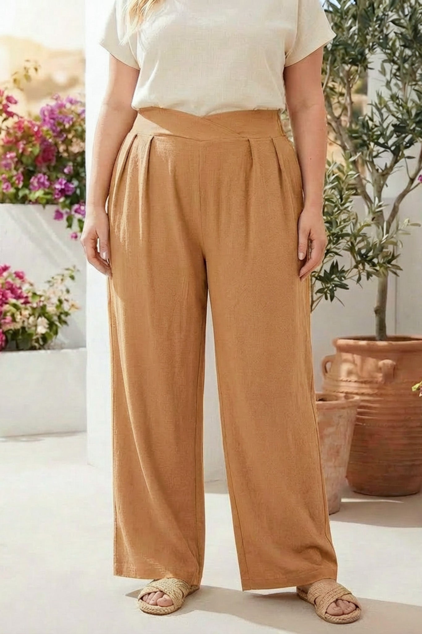 Pileli Cepli Geniş Paça Esnek Kumaşlı Pantolon 875-V Camel 3XL Vervegrand