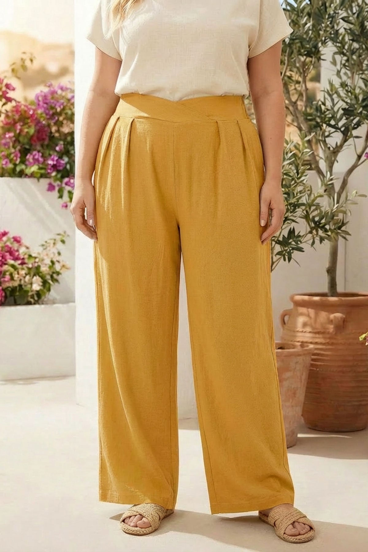 Pileli Cepli Geniş Paça Esnek Kumaşlı Pantolon 875-V Hardal 3XL Vervegrand