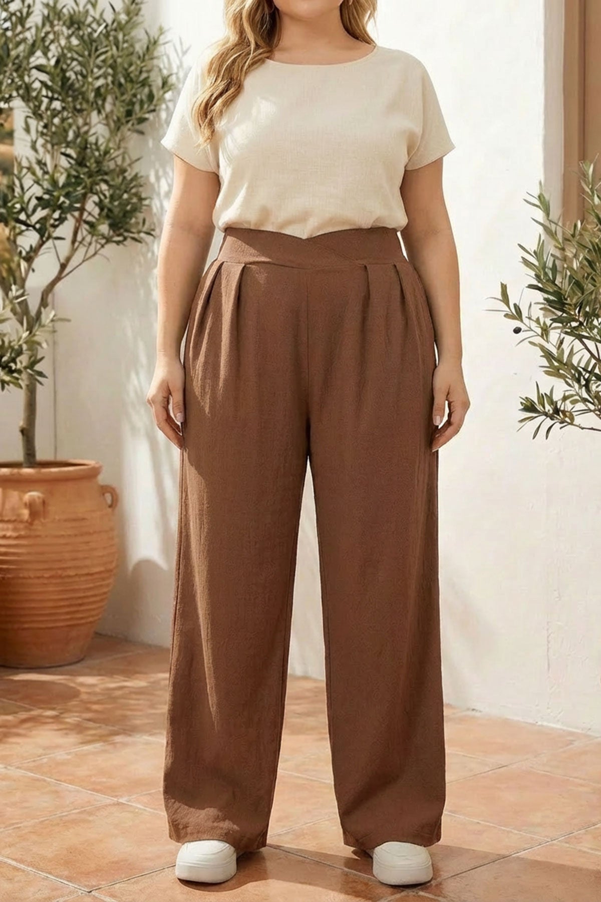 Pileli Cepli Geniş Paça Esnek Kumaşlı Pantolon 875-V Kahve 3XL Vervegrand