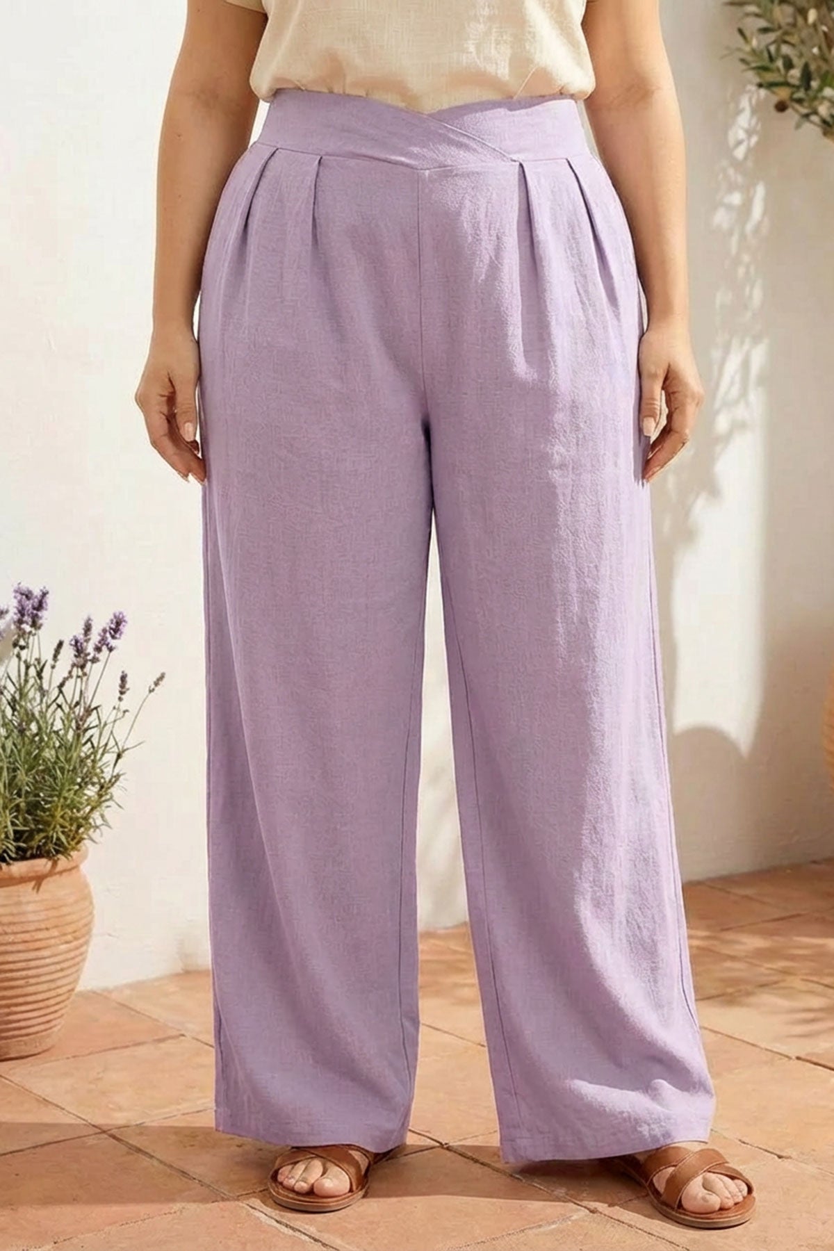 Pileli Cepli Geniş Paça Esnek Kumaşlı Pantolon 875-V Lila 3XL Vervegrand