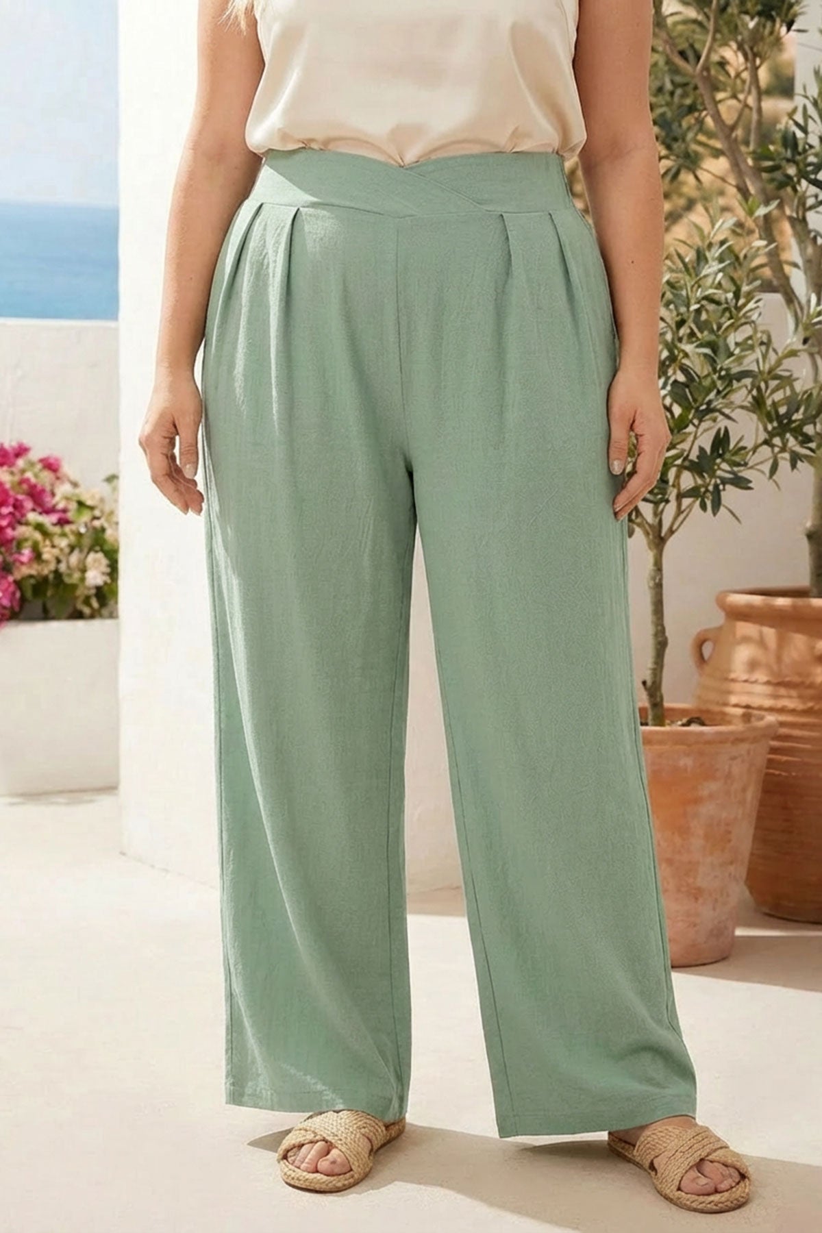 Pileli Cepli Geniş Paça Esnek Kumaşlı Pantolon 875-V Nil Yeşili 3XL Vervegrand