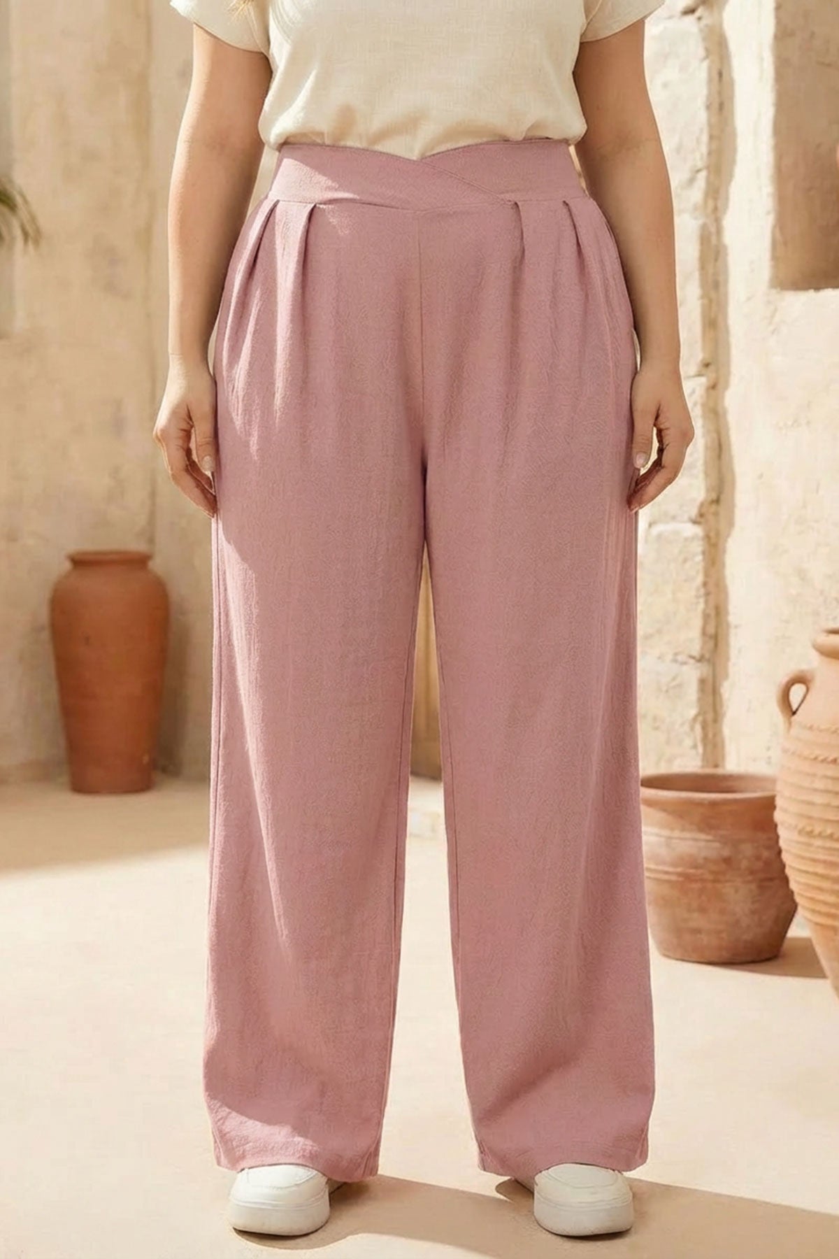 Pileli Cepli Geniş Paça Esnek Kumaşlı Pantolon 875-V Pudra 3XL Vervegrand