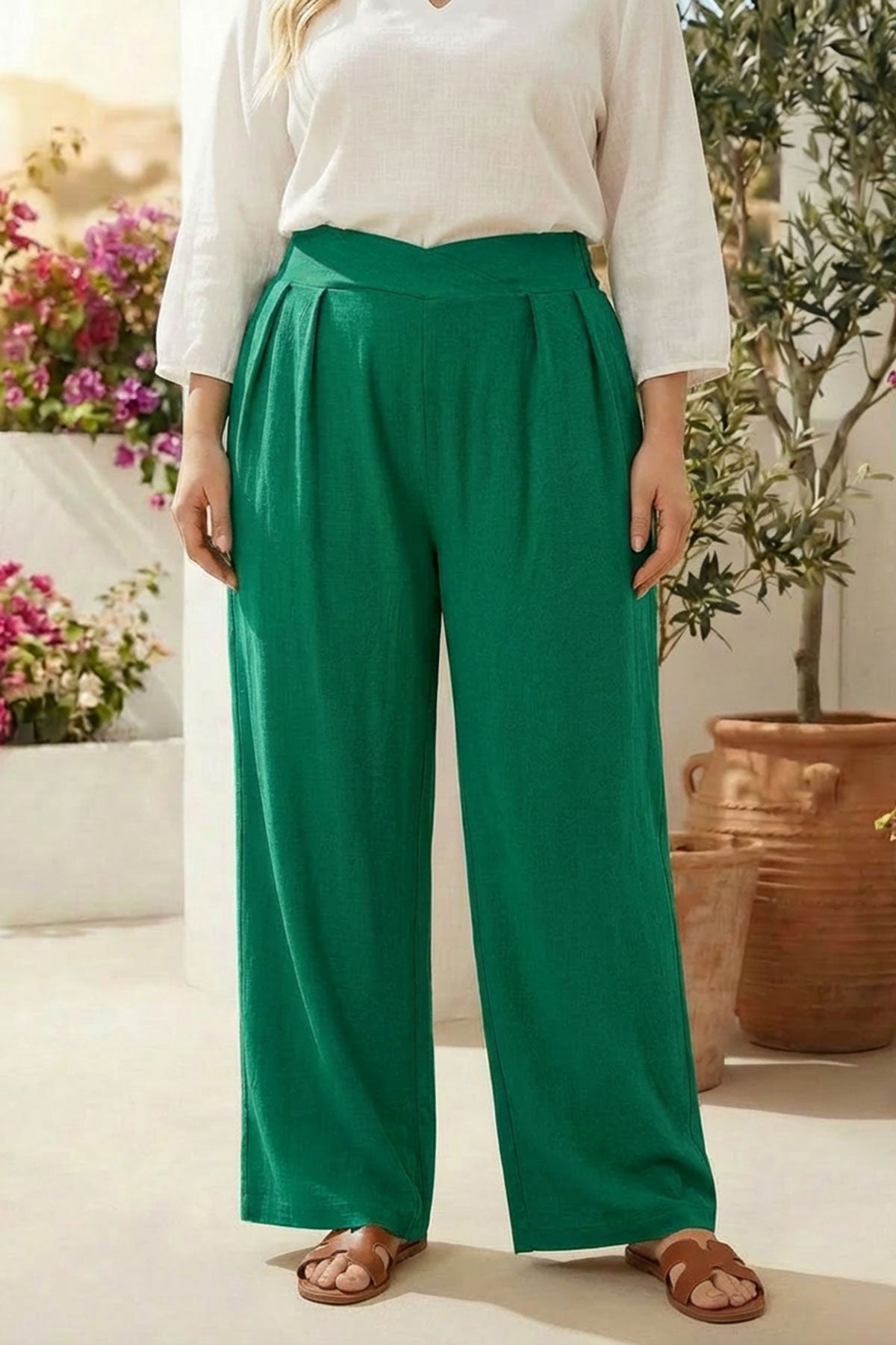 Pileli Cepli Geniş Paça Esnek Kumaşlı Pantolon 875-V Zümrüt Yeşili 3XL Vervegrand