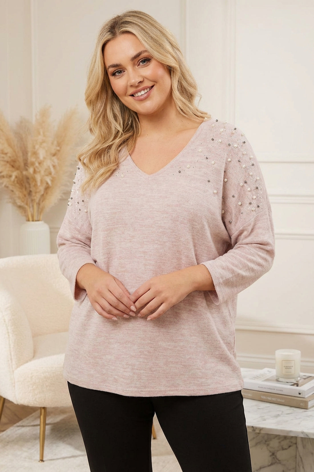 V Yaka Uzun Kollu Boncuklu Peluş Sweatshirt 285055 Vervegrand