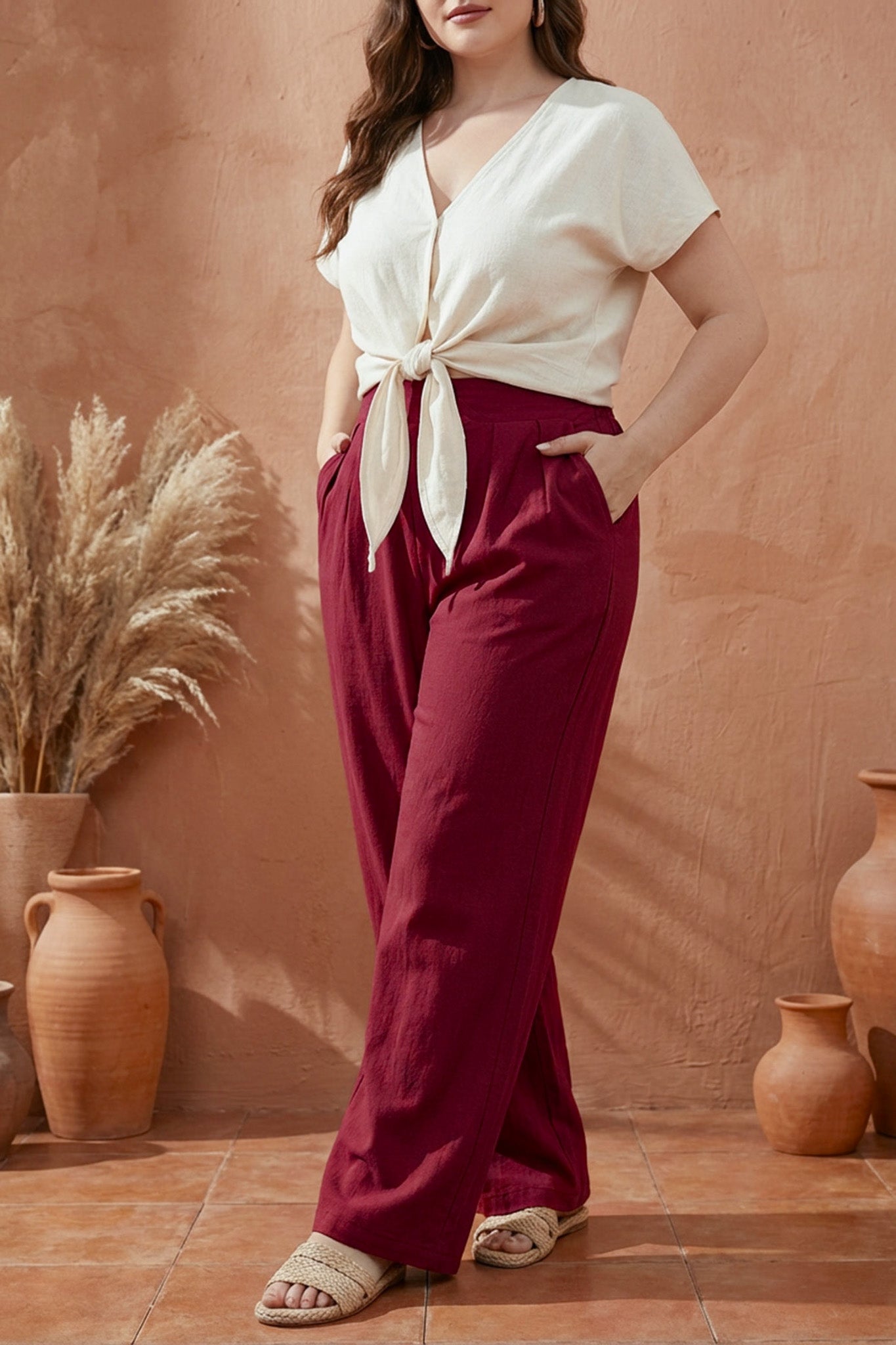 Pileli Cepli Geniş Paça Esnek Kumaşlı Pantolon 875-V Bordo 2XL Vervegrand