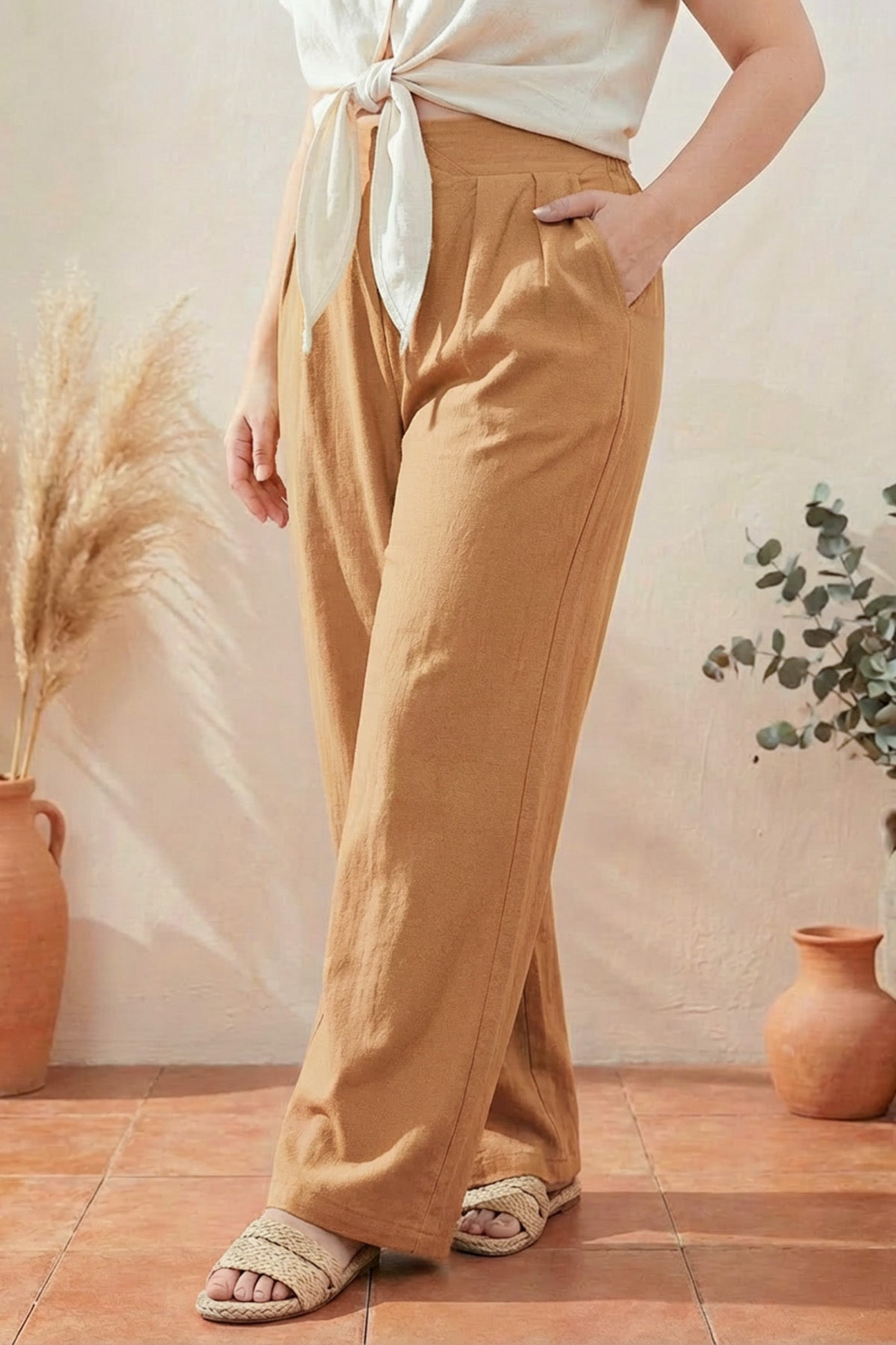 Pileli Cepli Geniş Paça Esnek Kumaşlı Pantolon 875-V Camel 2XL Vervegrand