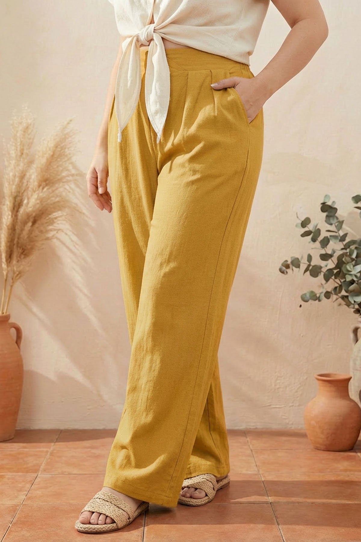 Pileli Cepli Geniş Paça Esnek Kumaşlı Pantolon 875-V Hardal 2XL Vervegrand