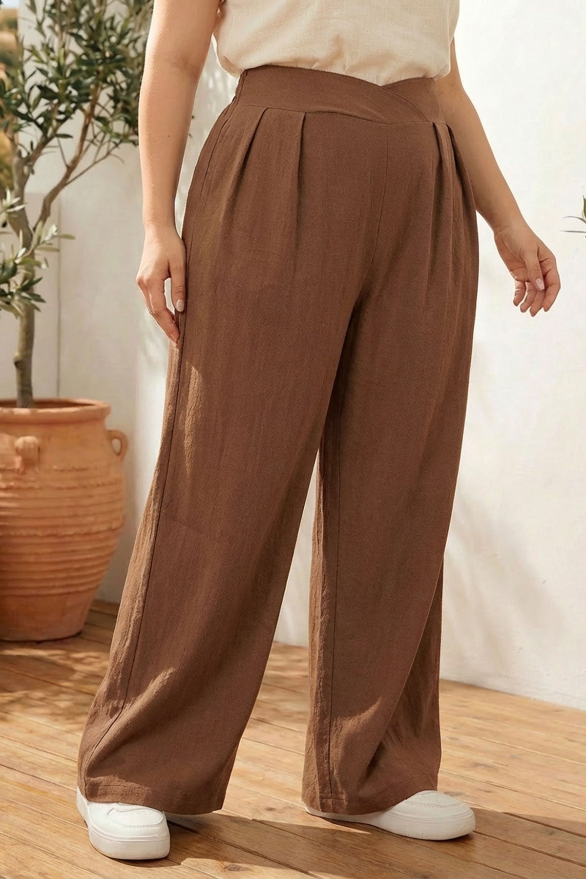 Pileli Cepli Geniş Paça Esnek Kumaşlı Pantolon 875-V Kahve 2XL Vervegrand