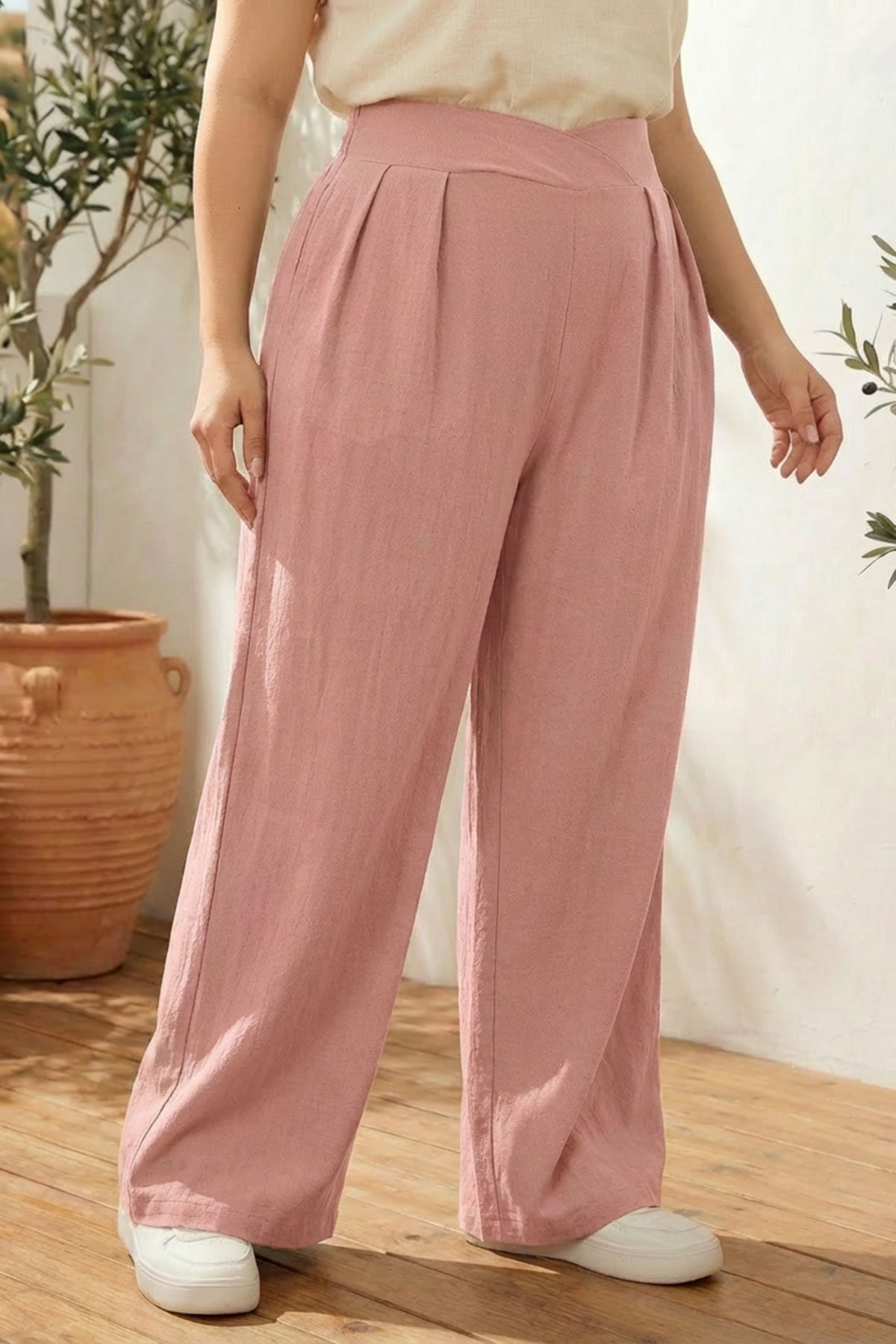 Pileli Cepli Geniş Paça Esnek Kumaşlı Pantolon 875-V Pudra 2XL Vervegrand