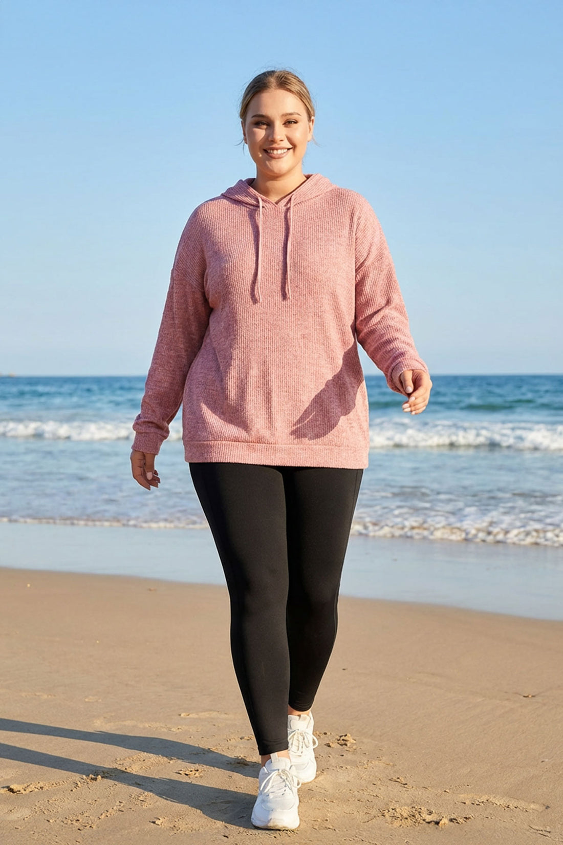 Büyük Beden Uzun Kollu Kapüşonlu Yanları Cepli İnce Örme Sweatshirt 300373 Vervegrand