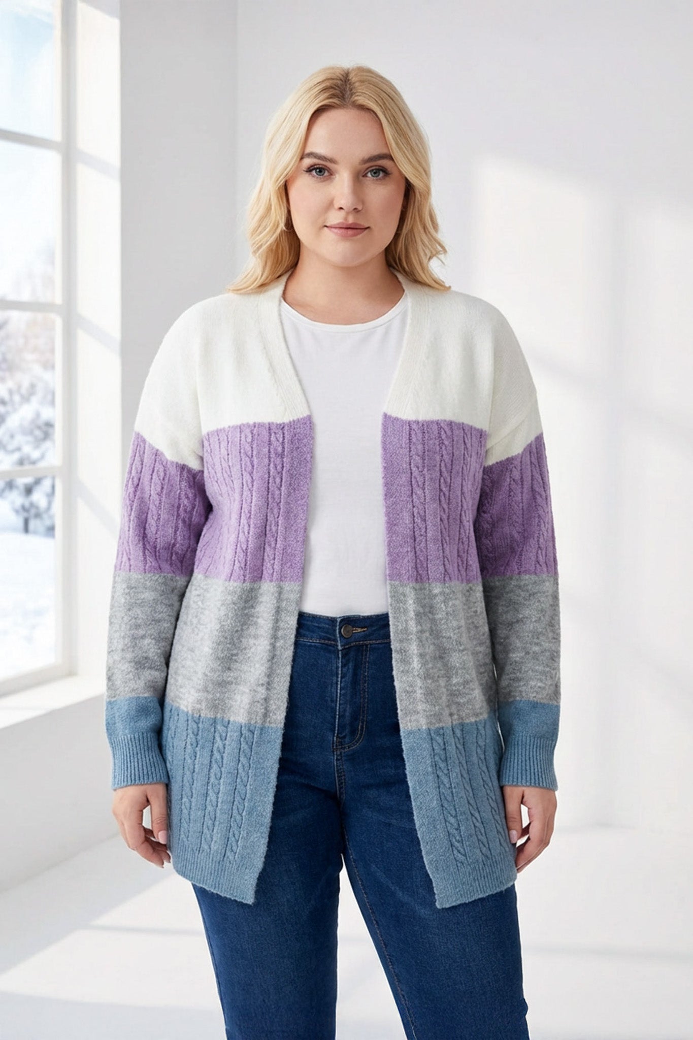 Büyük Beden Uzun Kollu Önü Kapamasız Renk Bloklu Triko Hırka 302148 Vervegrand