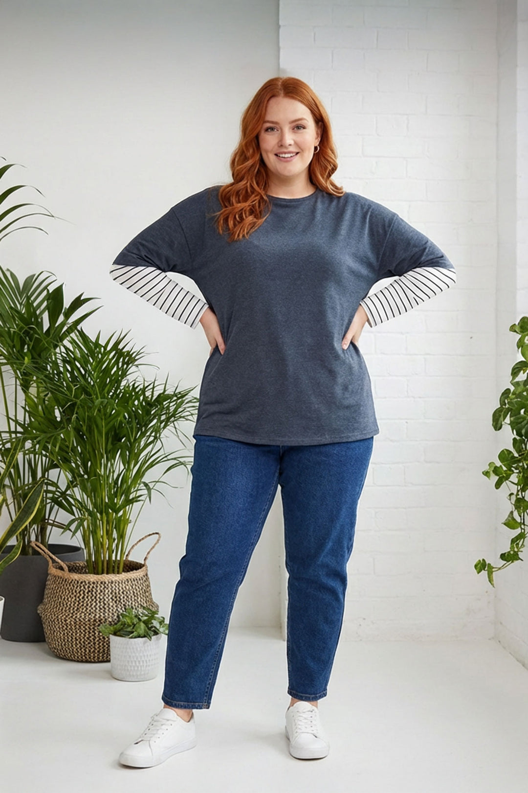 Büyük Beden Bisiklet Yaka Çift Katlı Kolları Çizgili T-shirt 302777 Vervegrand