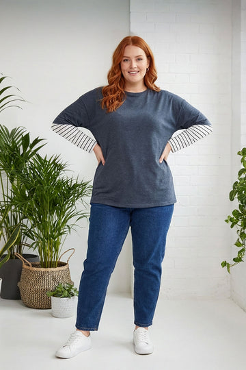 Büyük Beden Bisiklet Yaka Çift Katlı Kolları Çizgili T-shirt 302777 Vervegrand