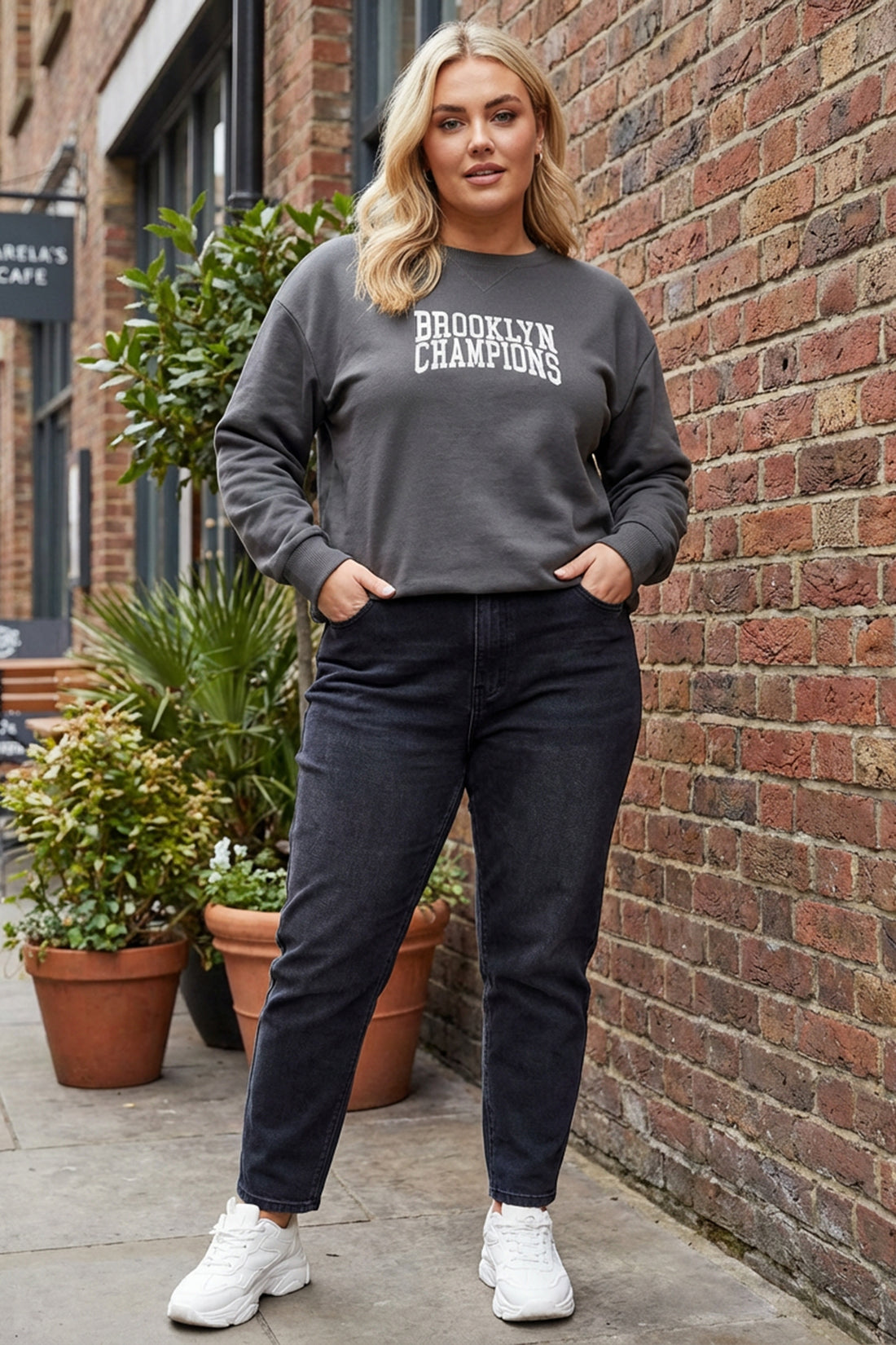 Büyük Beden Bisiklet Yaka Uzun Kollu Önü Baskılı Sweatshirt 302841 Vervegrand