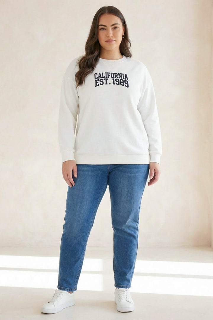 Büyük Beden Bisiklet Yaka İşleme Baskılı Uzun Kollu Sweatshirt 302918 Vervegrand