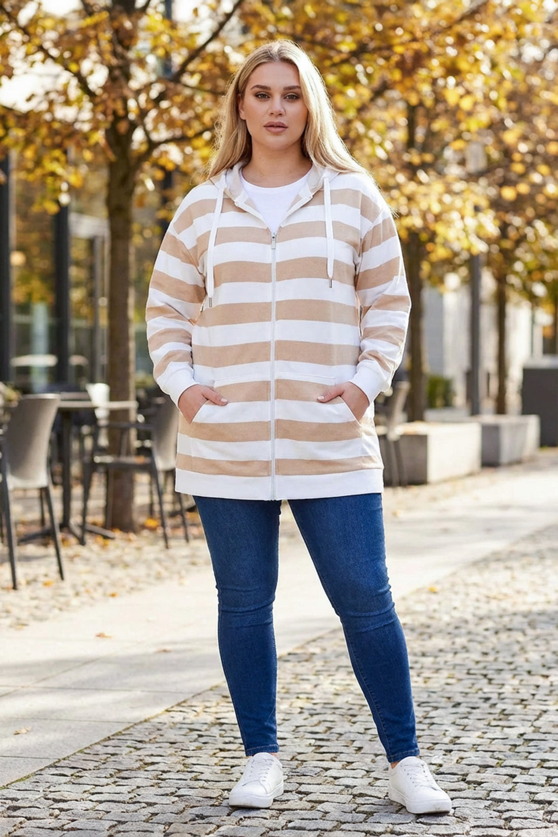 Büyük Beden Kapüşonlu Fermuarlı Çizgili Uzun Kollu Sweatshirt 302937 Vervegrand
