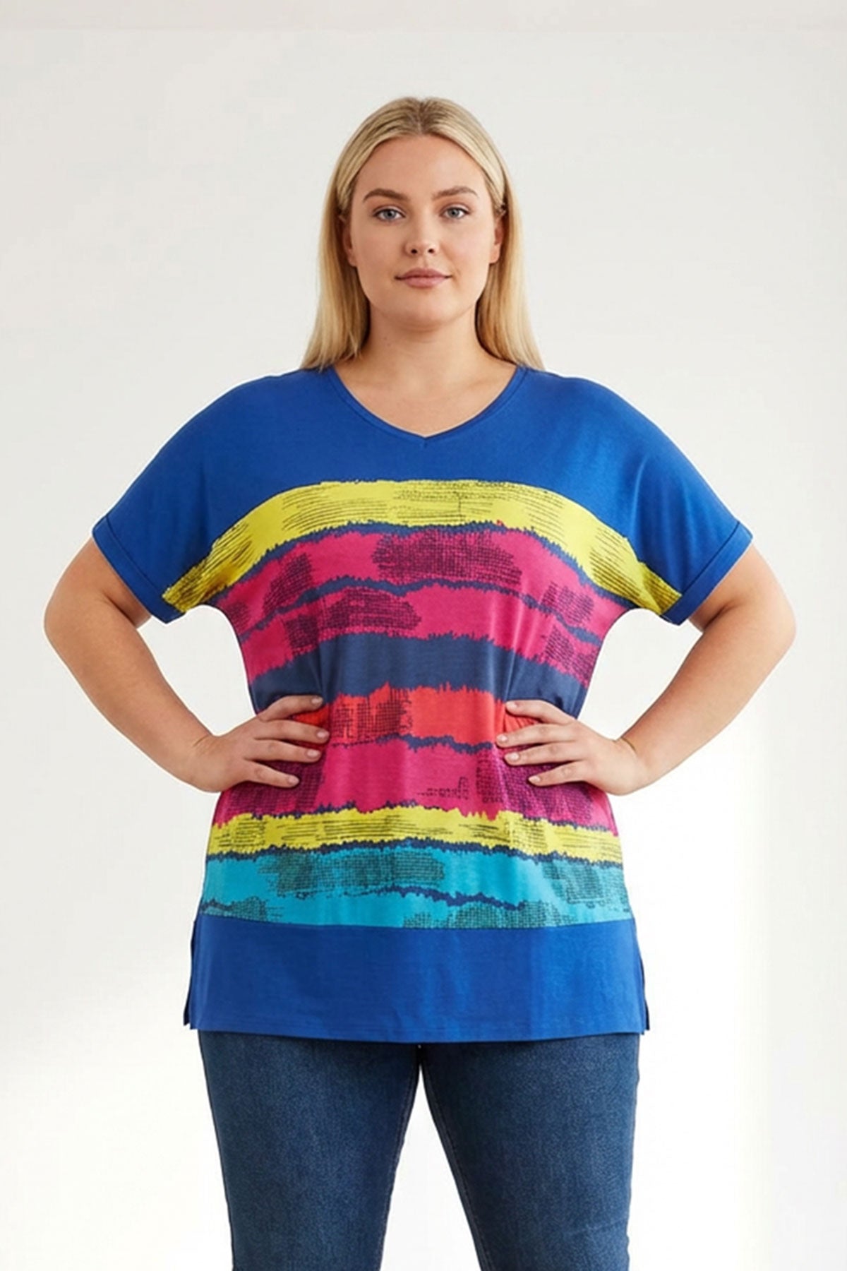 Büyük Beden V Yaka Kısa Kollu Çizgili T-shirt 302951 Vervegrand