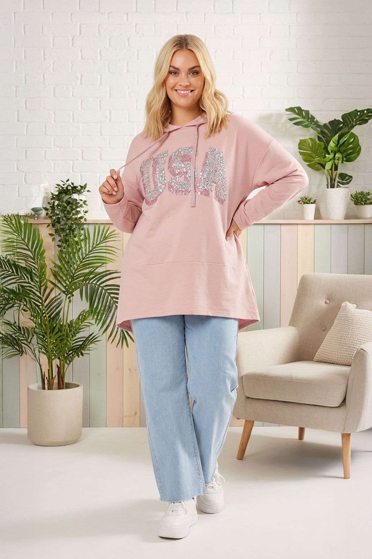 Vervegrand büyük beden USA yazılı pembe payetli kapüşonlu sweatshirt