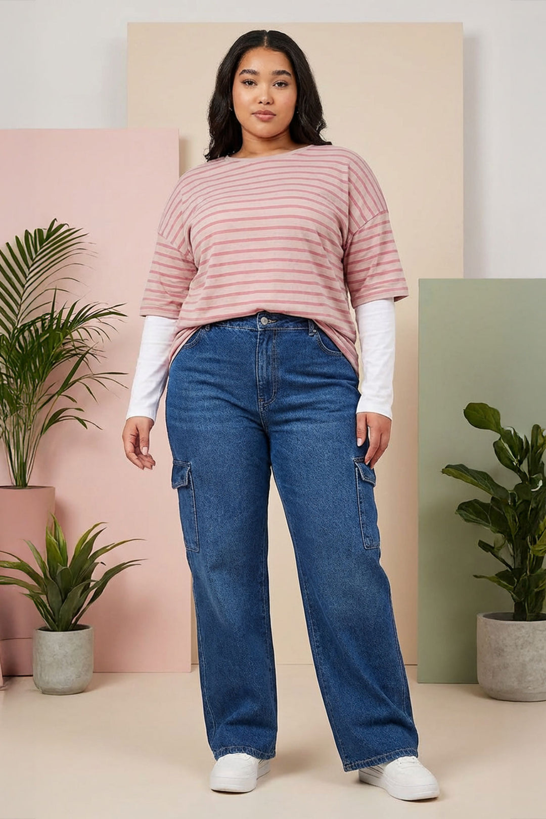 Büyük Beden Bisiklet Yaka Çift Katlı Kolları Çizgili T-shirt 303119 Vervegrand