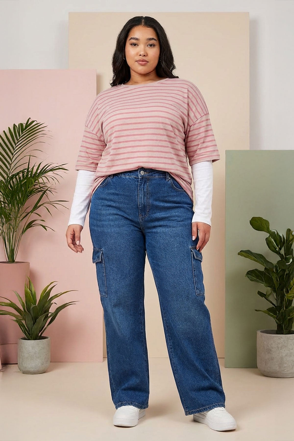 Büyük Beden Bisiklet Yaka Çift Katlı Kolları Çizgili T-shirt 303119 Vervegrand