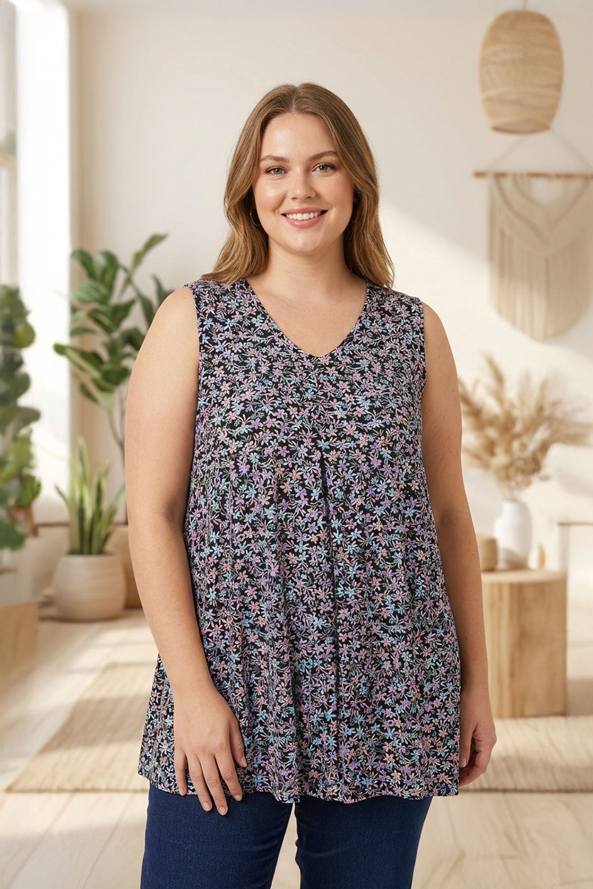 Büyük Beden Sıfır Kol V Yaka Çiçek Desenli Eteği Bollaşan Bluz 303420 Vervegrand