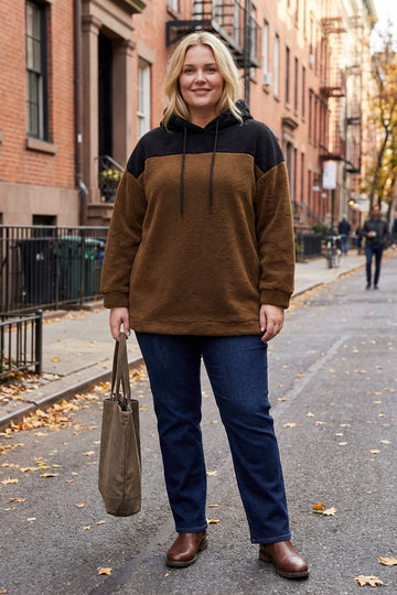 Büyük Beden Uzun Kollu Kapüşonlu ve Cepli Peluş Sweatshirt 303794 Vervegrand