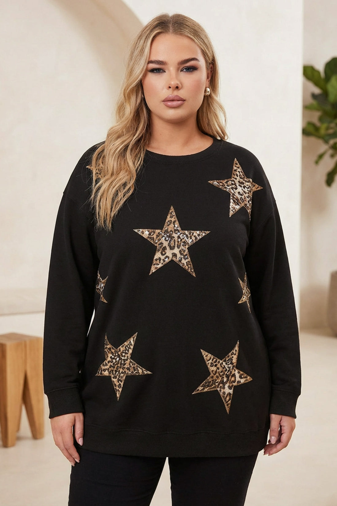 Büyük Beden Uzun Kollu Bisiklet Yaka Payet İşlemeli Sweatshirt 303833 Vervegrand