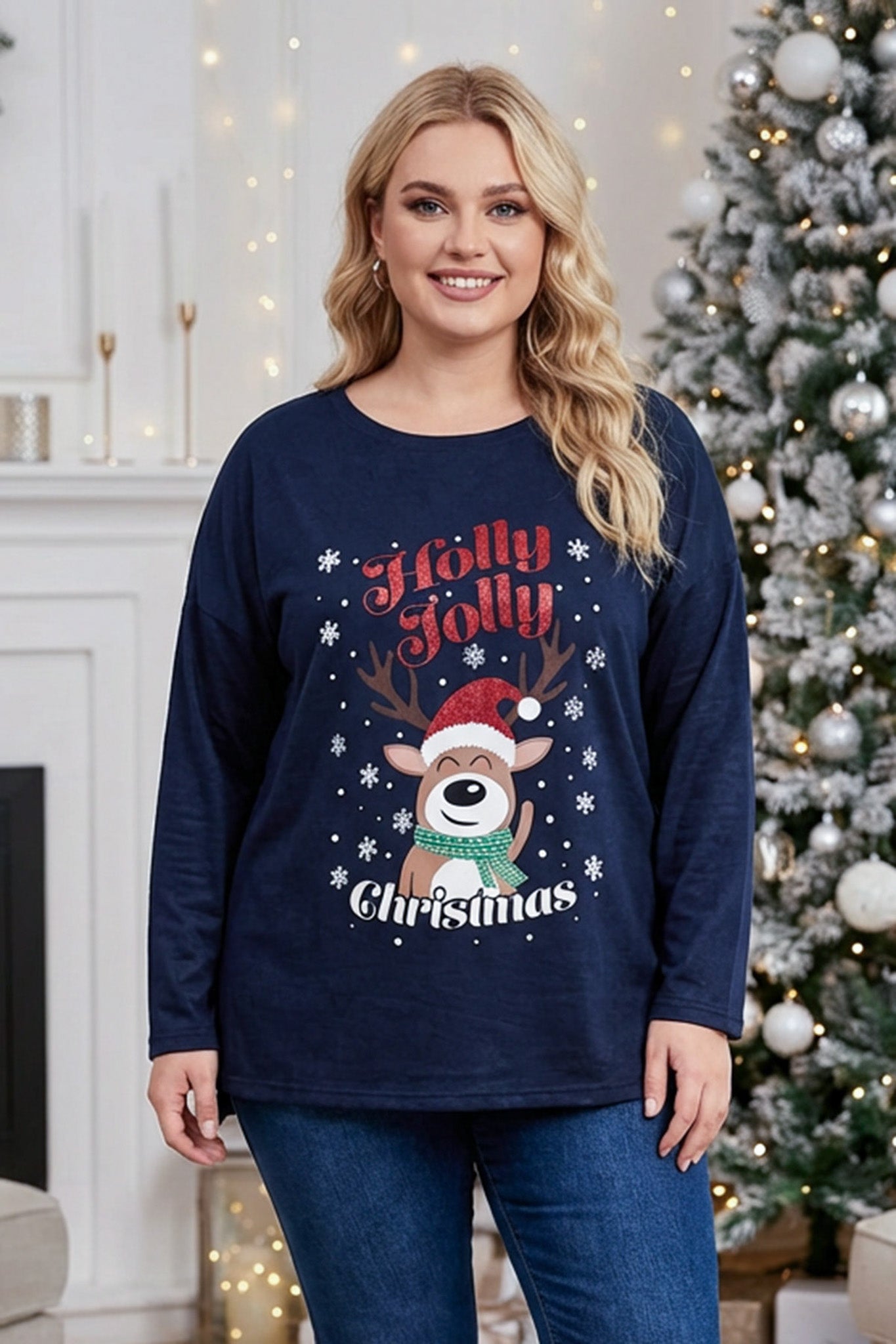 Büyük Beden Yılbaşı Temalı Bisiklet Yaka Uzun Kollu Yırtmaçlı Sweatshirt 303909 Vervegrand
