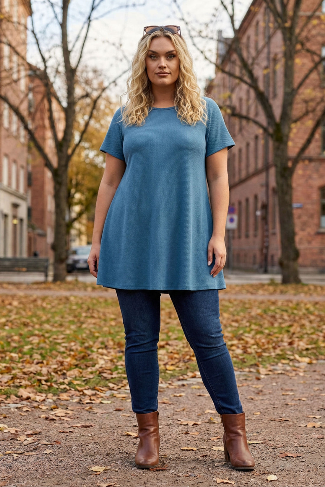 Büyük Beden Bisiklet Yaka Mavi Fitilli T-Shirt Model