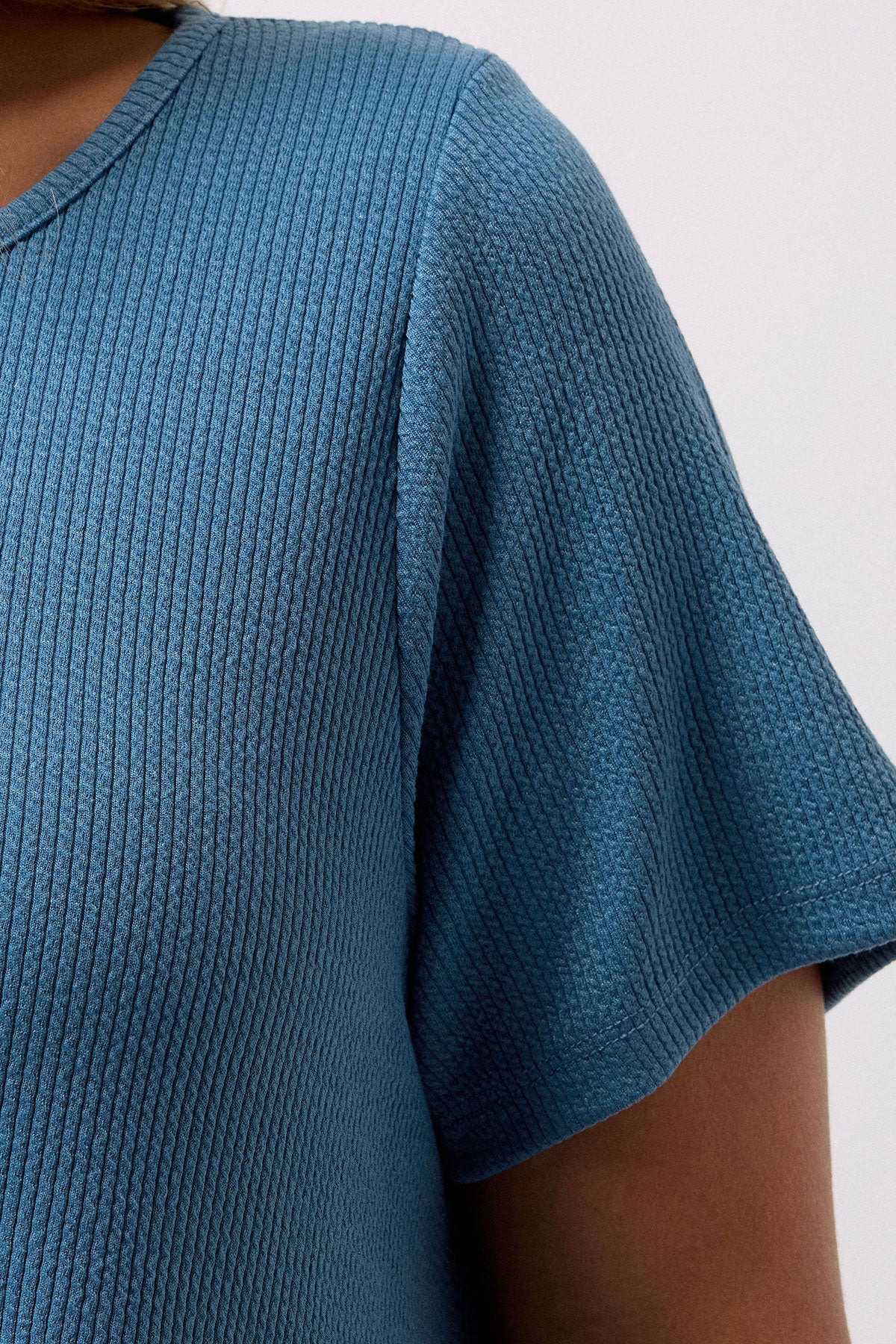 Vervegrand Büyük Beden Esnek Fitilli Mavi T-Shirt