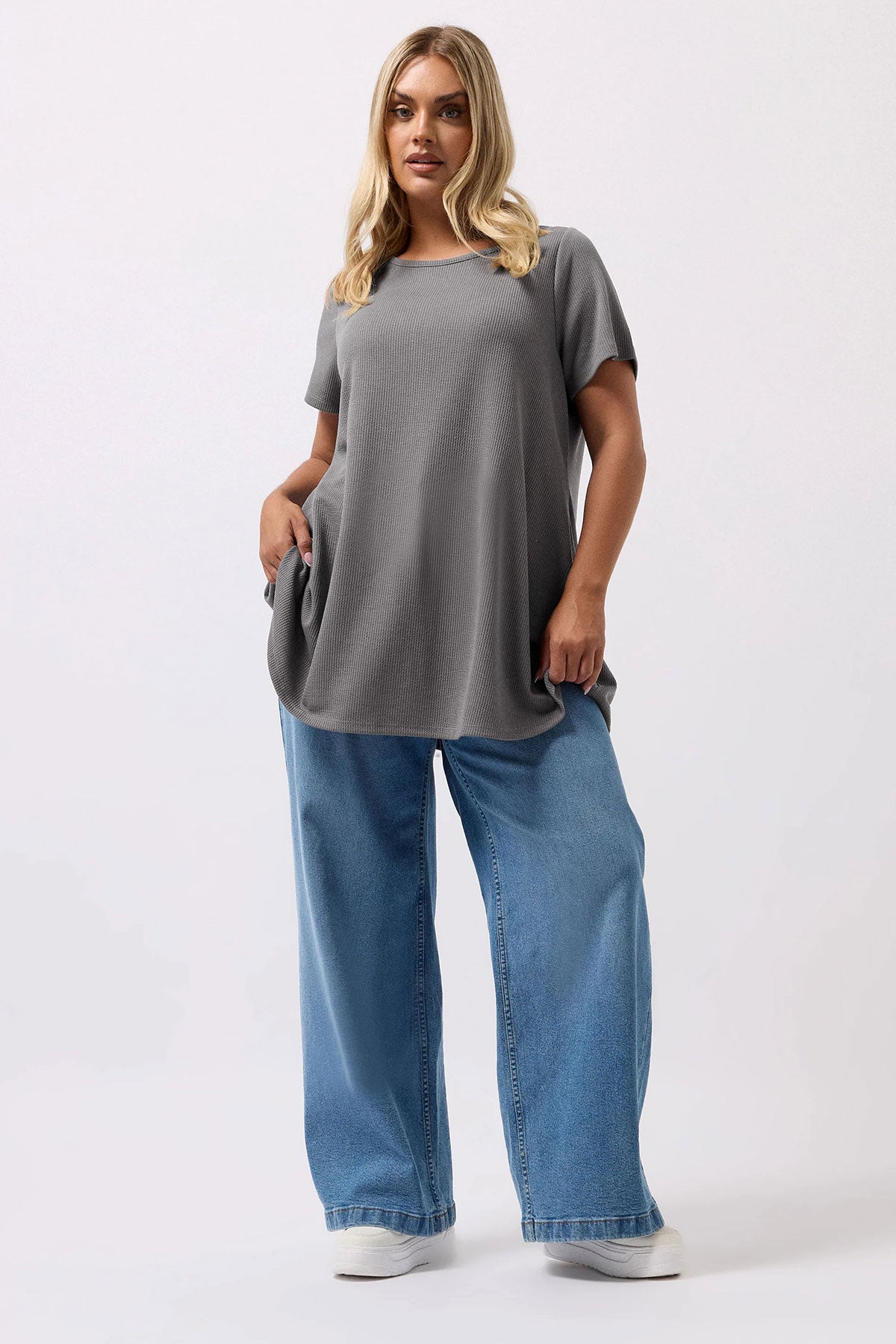 Büyük Beden Gri Fitilli Uzun T-Shirt Detay Görseli
