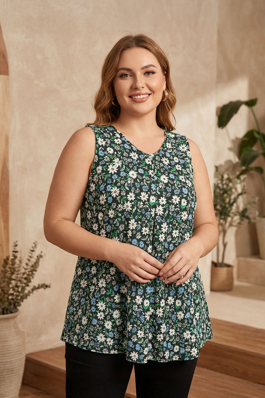 Büyük Beden V Yaka Sıfır Kol Çiçek Desenli T-shirt 304168 Vervegrand