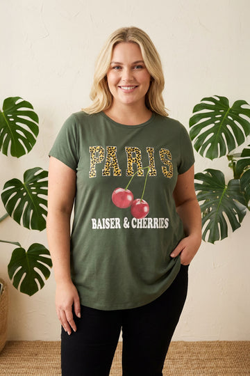 Vervegrand büyük beden haki renk Paris baskılı t-shirt