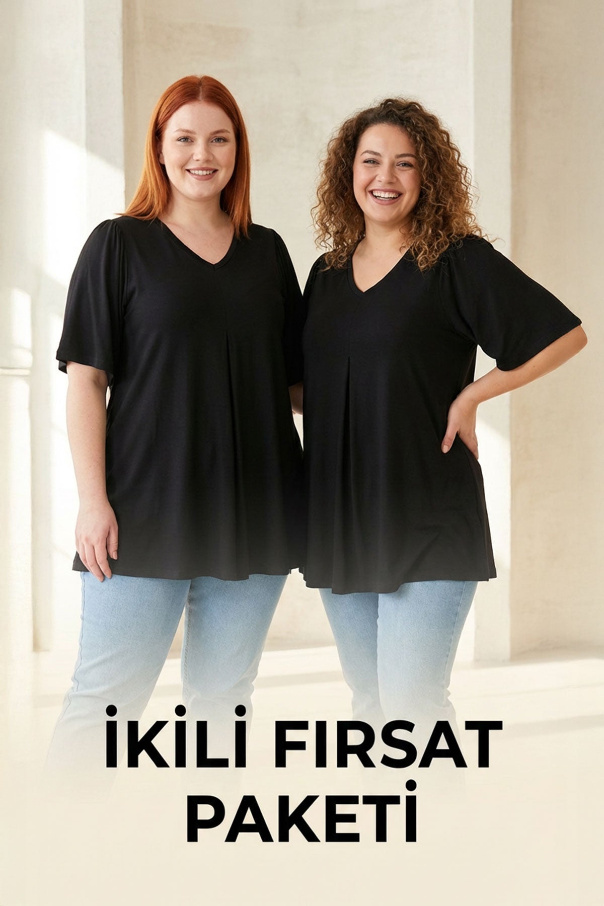 Büyük Beden İkili Paket V Yaka Desensiz Asimetrik Kesim Likralı Bluz 320315x2 Vervegrand