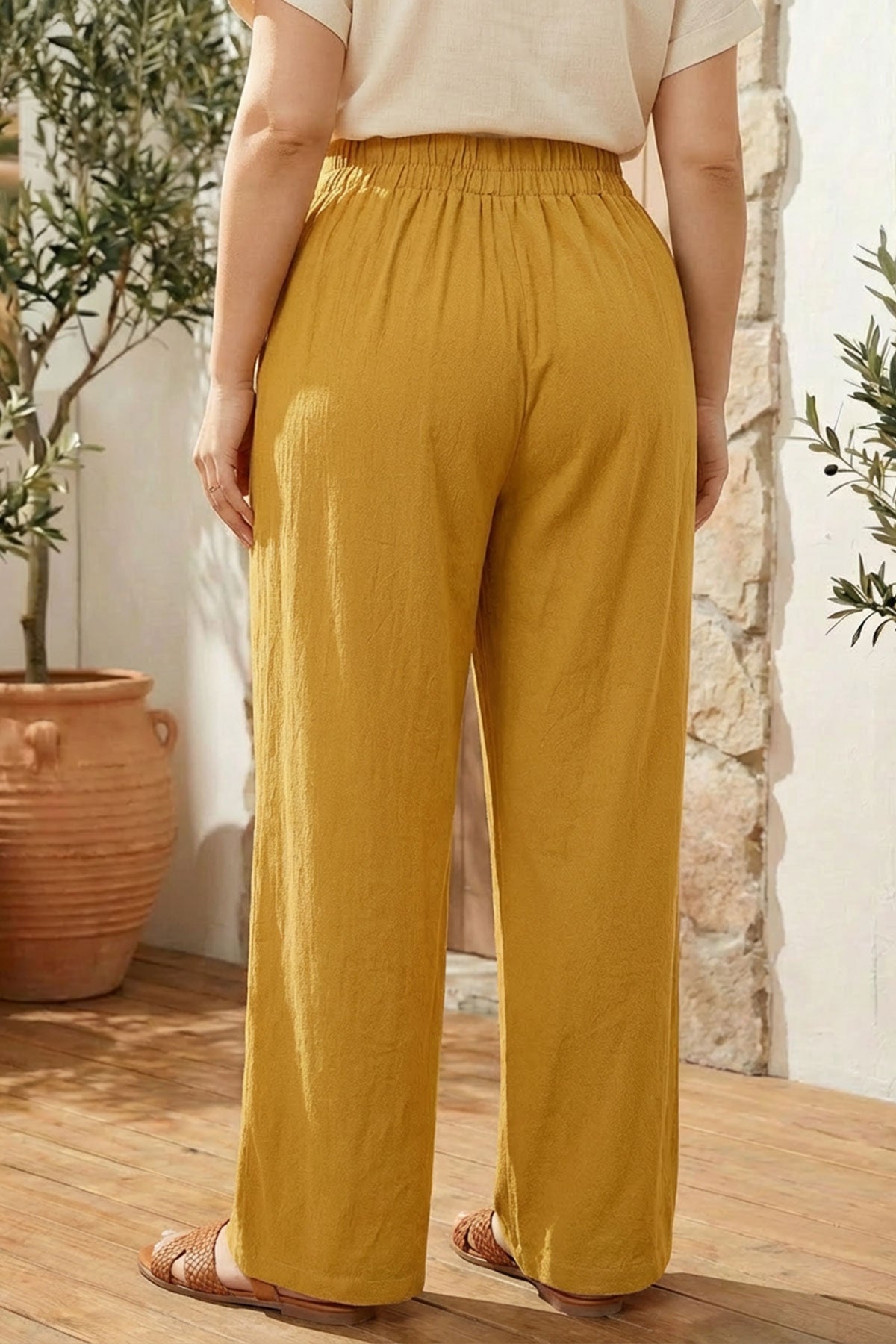 Pileli Cepli Geniş Paça Esnek Kumaşlı Pantolon 875-V Hardal 4XL Vervegrand