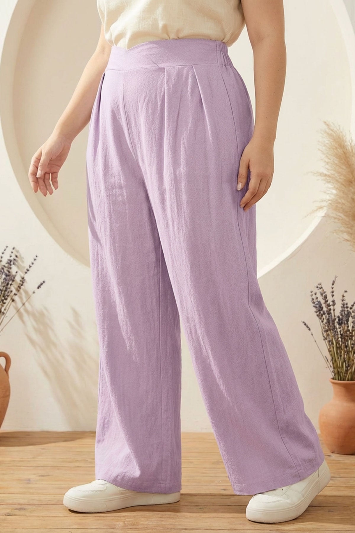 Pileli Cepli Geniş Paça Esnek Kumaşlı Pantolon 875-V Lila 2XL Vervegrand